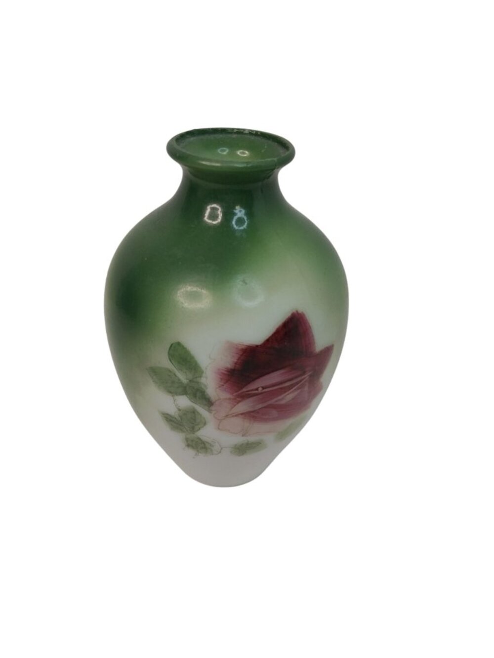 Antique Victorian Hand-Painted Green & White Milk Glass Vase With Red Rose